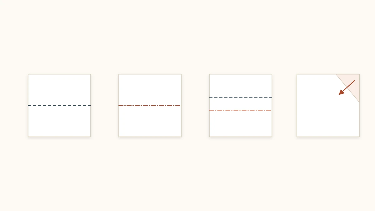 Four paper squares side by side showing a valley fold, a mountain fold, a pleat, and a reverse fold