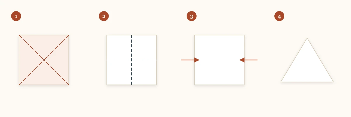 Sequence of four diagram figures leading from a creased square to a triangle
