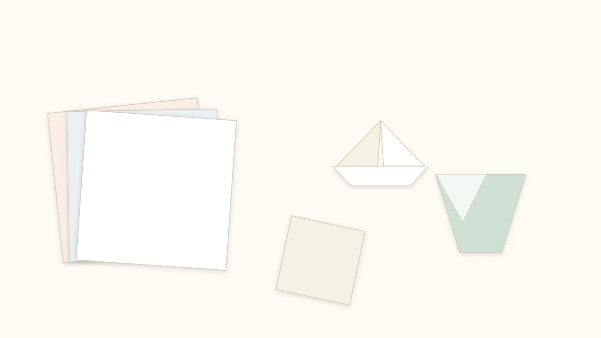 Colored paper squares, a ruler, and two simple origami models on a light wood table