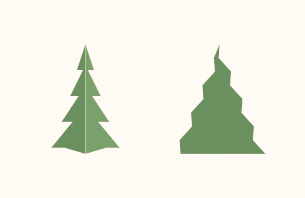 Two origami trees, one with horizontal pleats and one with notched edges