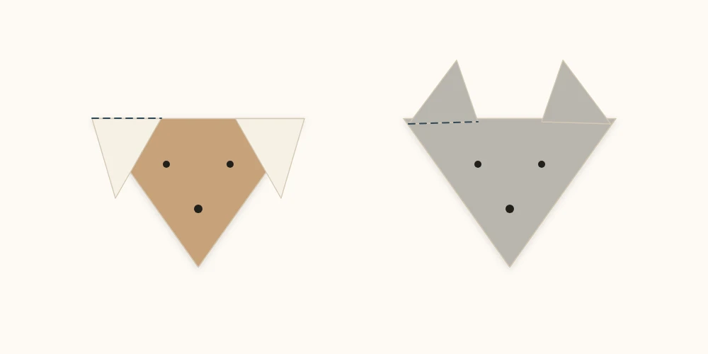 Two paper triangles with their corners folded down and up