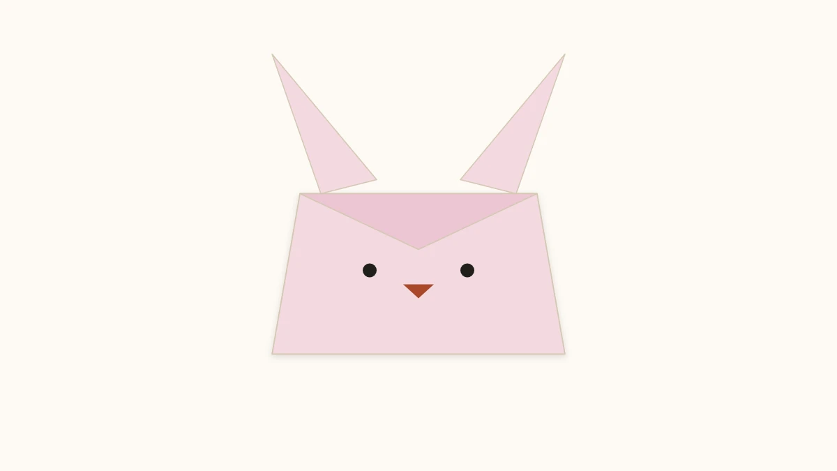Inflatable origami bunny in pale pink paper, seen in profile, with its ears raised