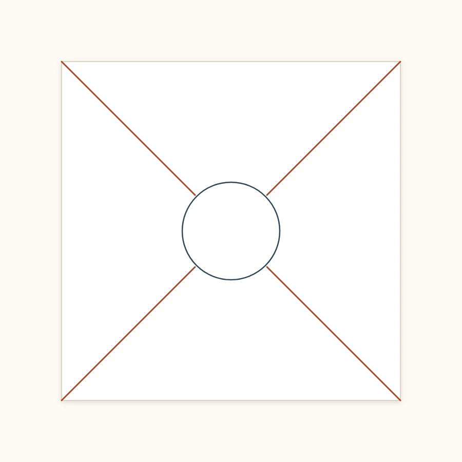 Square with diagonal cuts that stop short of the center, with the central area marked off